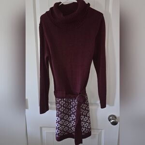 VENUS Maroon Turtleneck Sweater Mini Dress with Belt Full Stretch Large